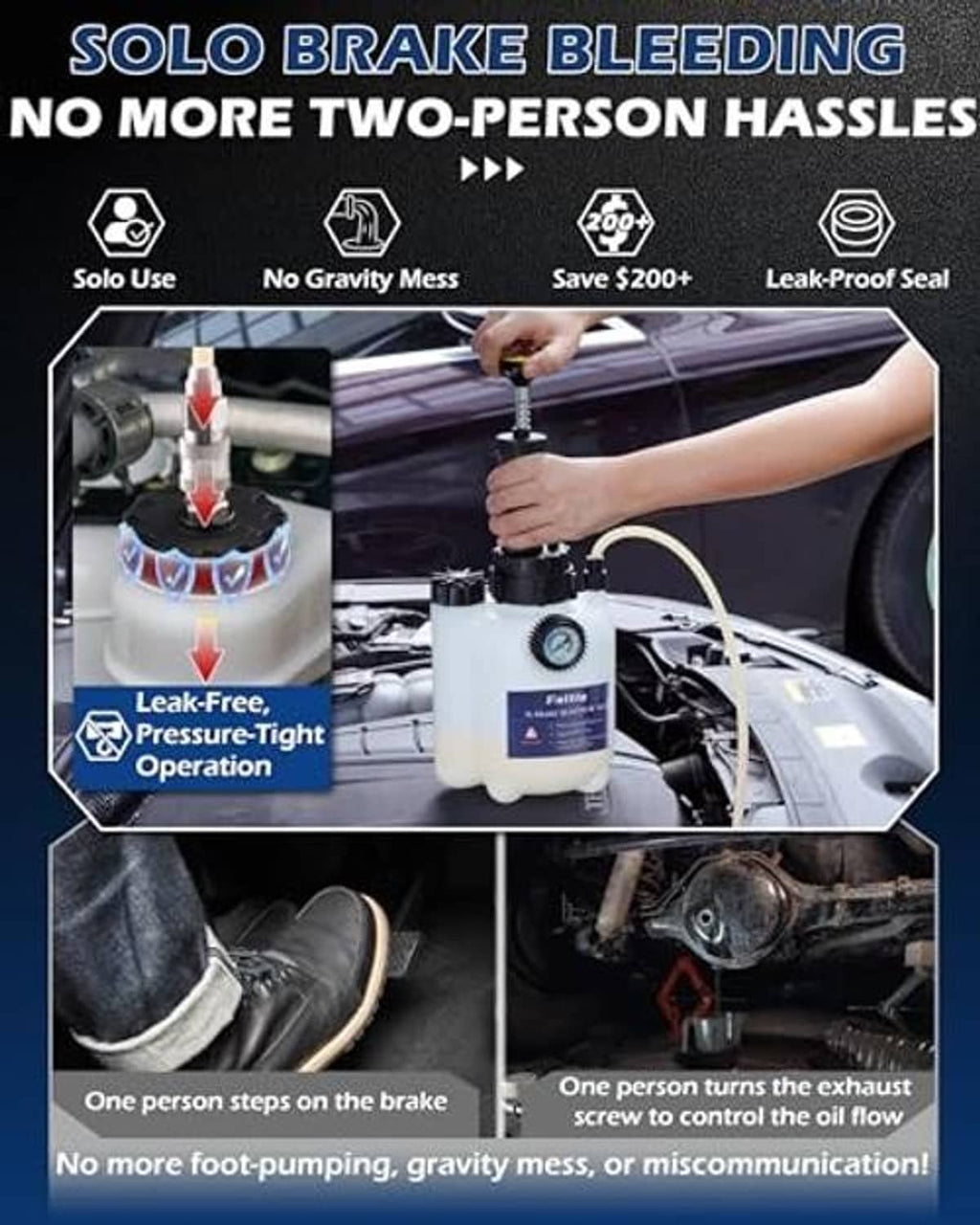 Solo brake bleeder setup with pressure bottle and tubing connected under vehicle