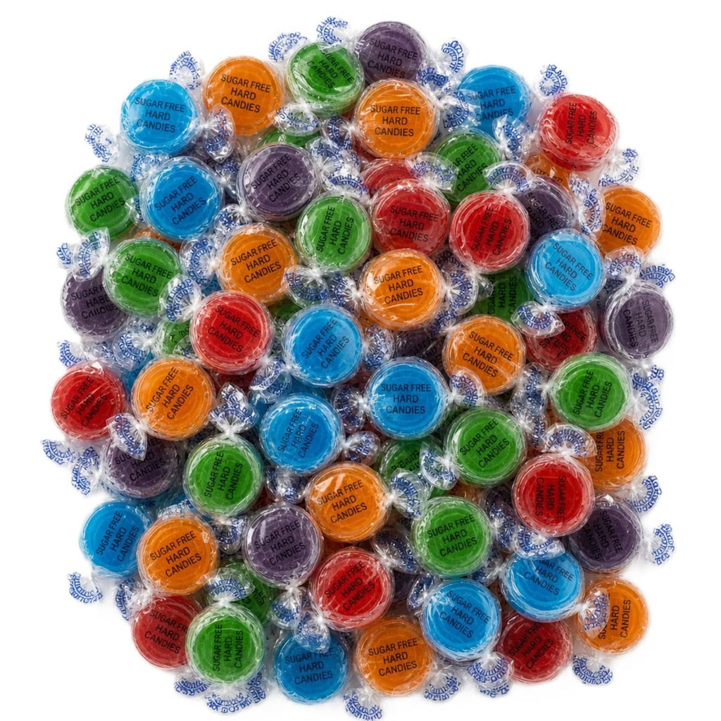 Sugar-free hard candies assortment in individual wrappers, mixed fruit colors (blue, green, red)