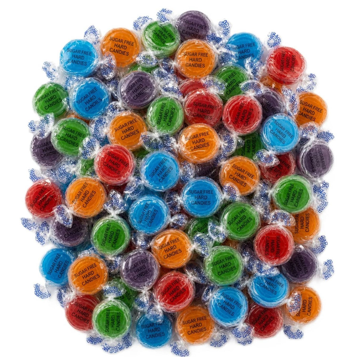 Sugar-free hard candies assortment in individual wrappers, mixed fruit colors (blue, green, red)