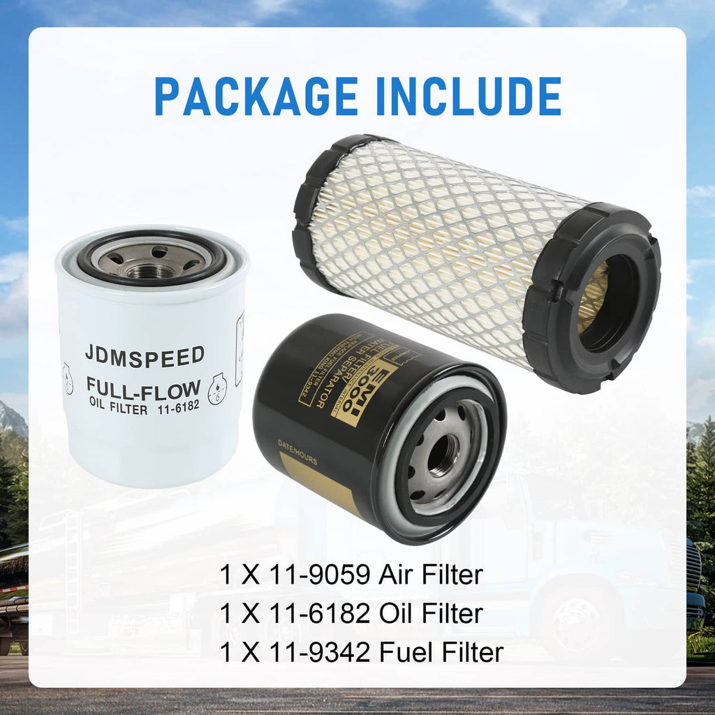 Filter package includes three replacements: air filter plus oil and fuel filters, shown
