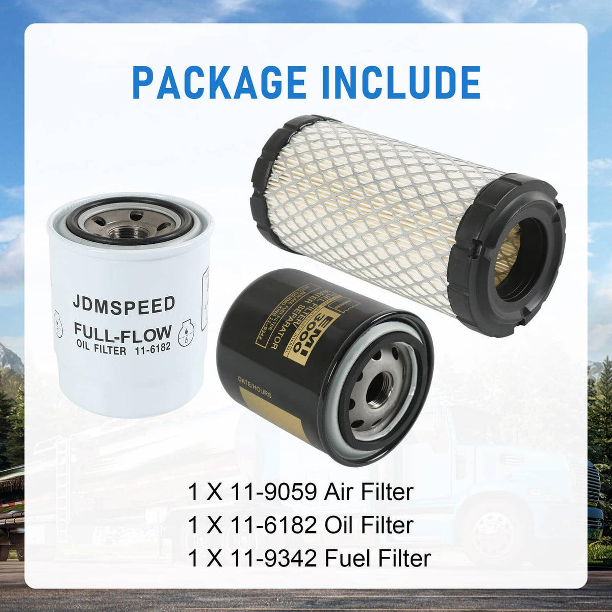 Filter package includes three replacements: air filter plus oil and fuel filters, shown