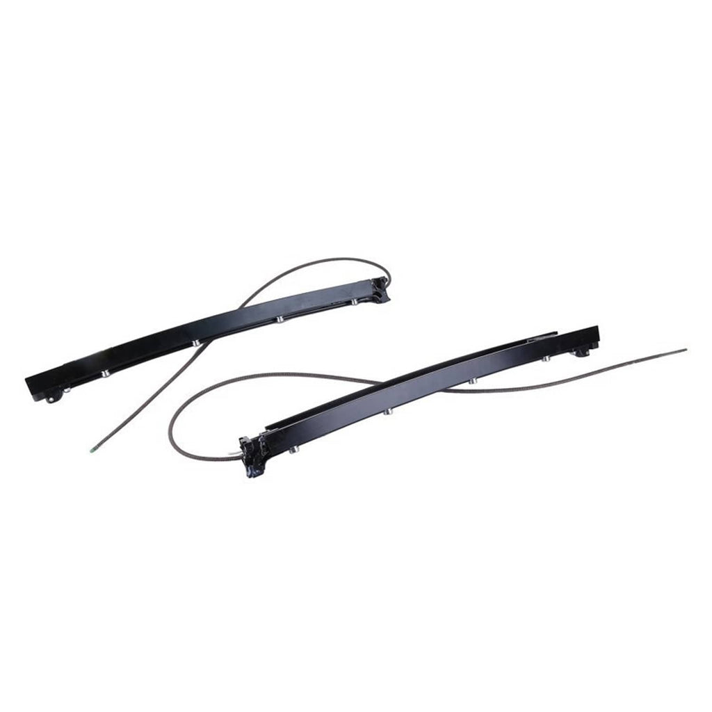 Pair of black sunroof sliding tracks with attached cable and exposed mounting points