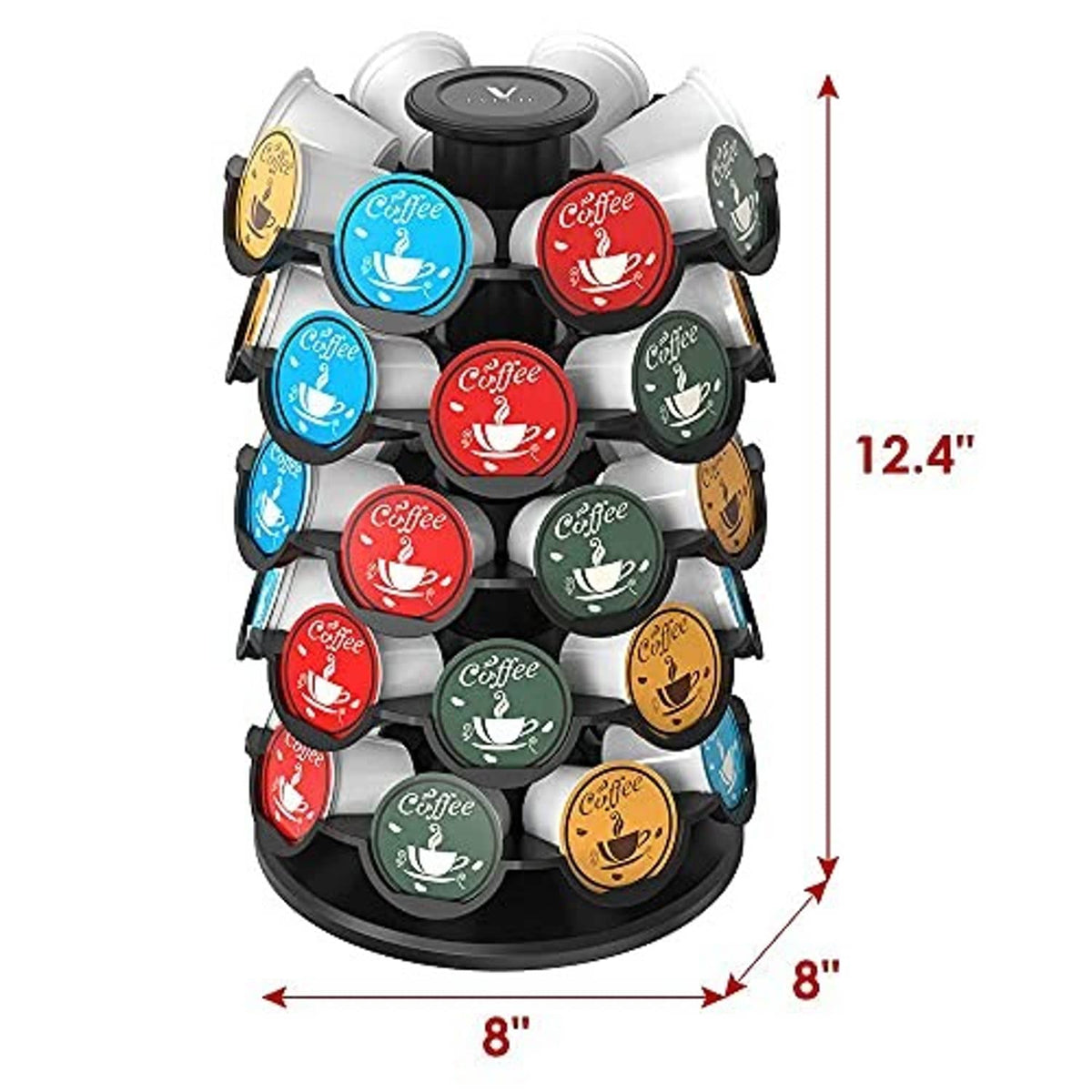 Coffee pod carousel organizer front view with black base and assorted colored pod lids