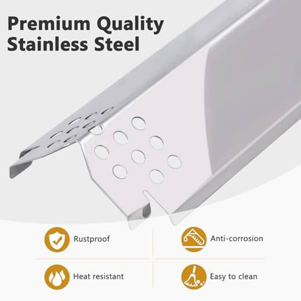 Stainless steel grill heat plate with circular vent holes and raised mounting tabs