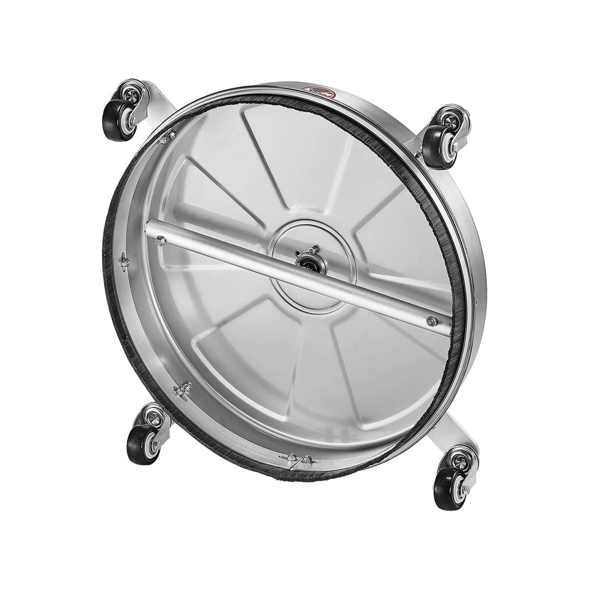 Round pressure washer surface cleaner with four caster wheels and central spray bar