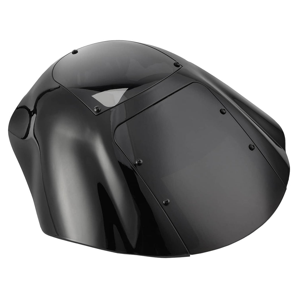 Black front fairing with smoke windshield, close angled view of curved surfaces