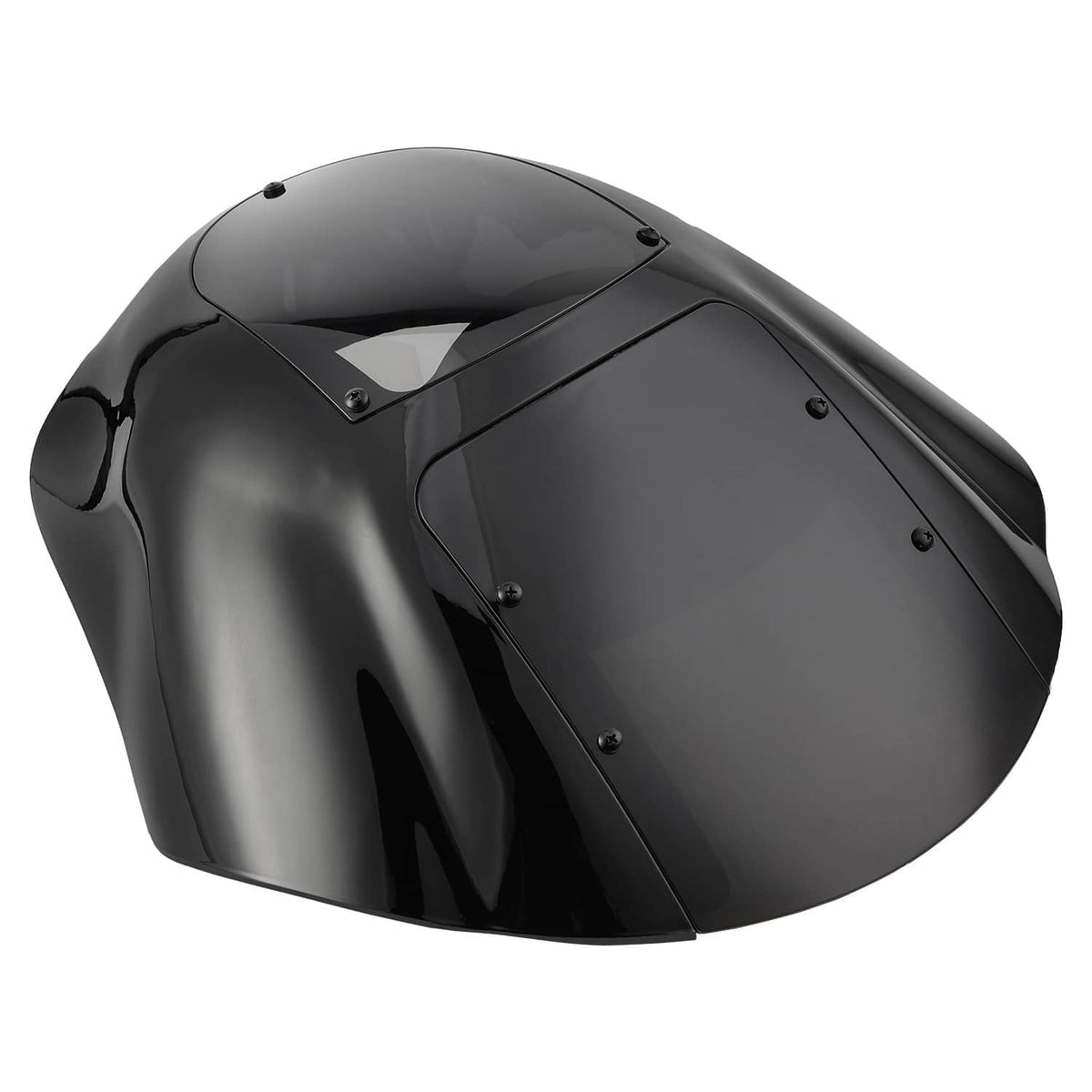Black front fairing with smoke windshield, close angled view of curved surfaces