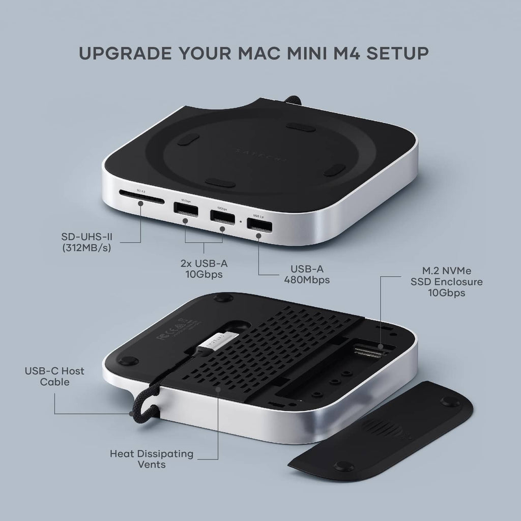 Silver Mac mini docking hub with front USB ports and M.2 NVMe enclosure