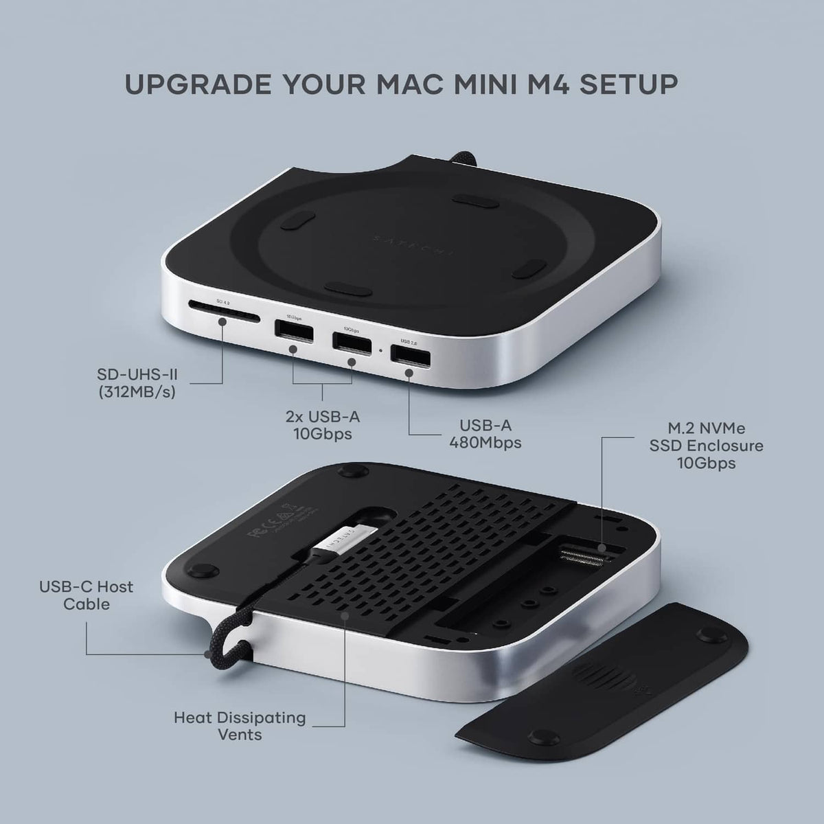 Silver Mac mini docking hub with front USB ports and M.2 NVMe enclosure