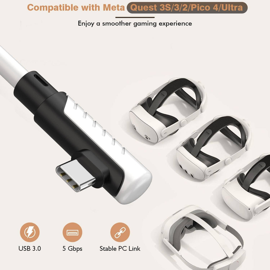 White VR link cable with USB-C end and USB-A plug beside VR headsets