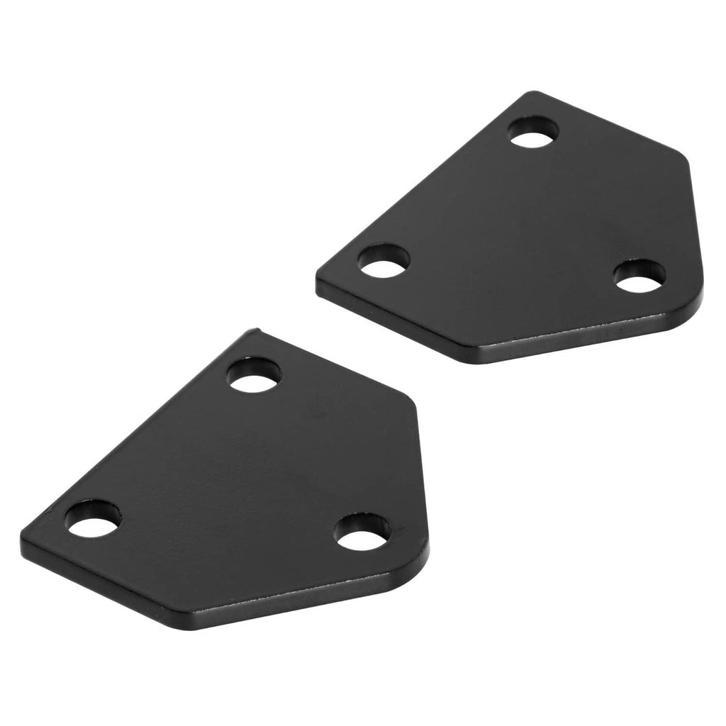 Black metal axle lift mounting plates with four bolt holes, pair