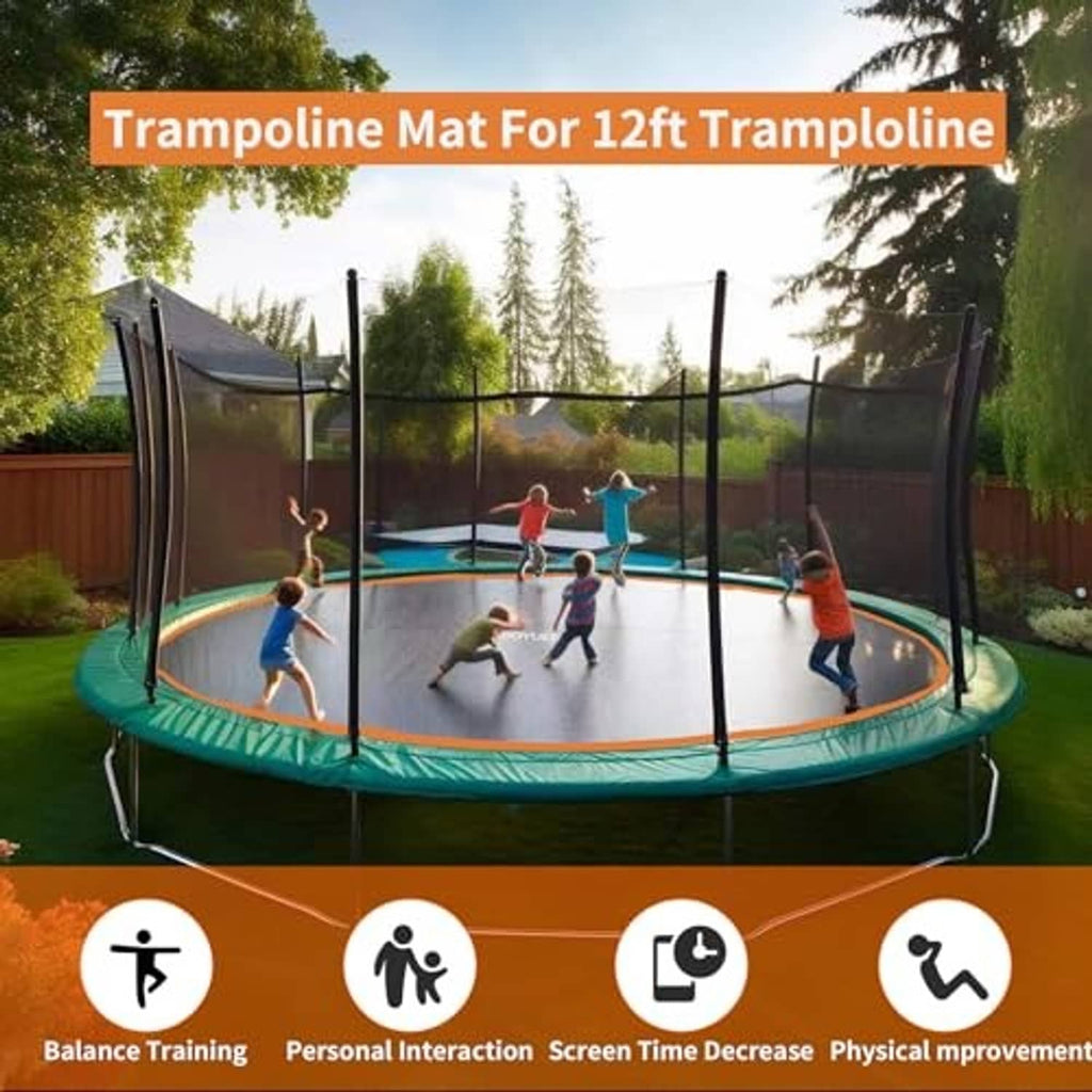 Trampoline mat for 12ft trampoline with black surface and orange edge trim.