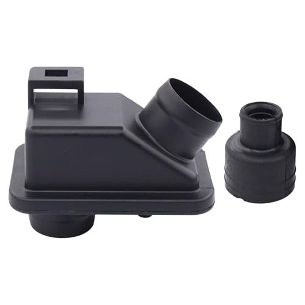 Engine air intake chamber cover with hose coupler and matching connecting joint, black.