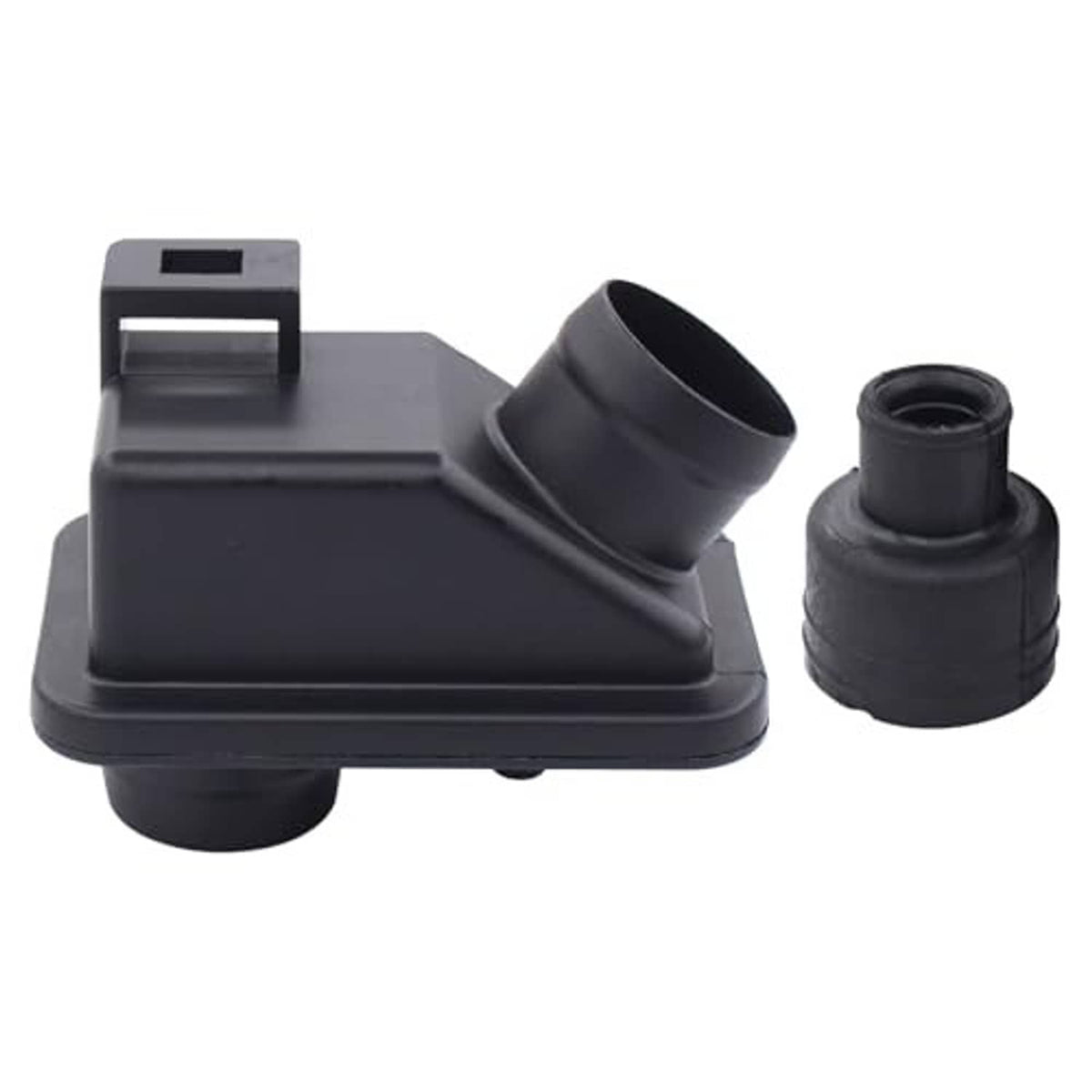 Engine air intake chamber cover with hose coupler and matching connecting joint, black.