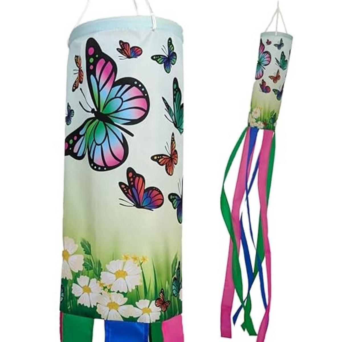Butterfly windsock with butterfly print and rainbow ribbon streamers, hanging