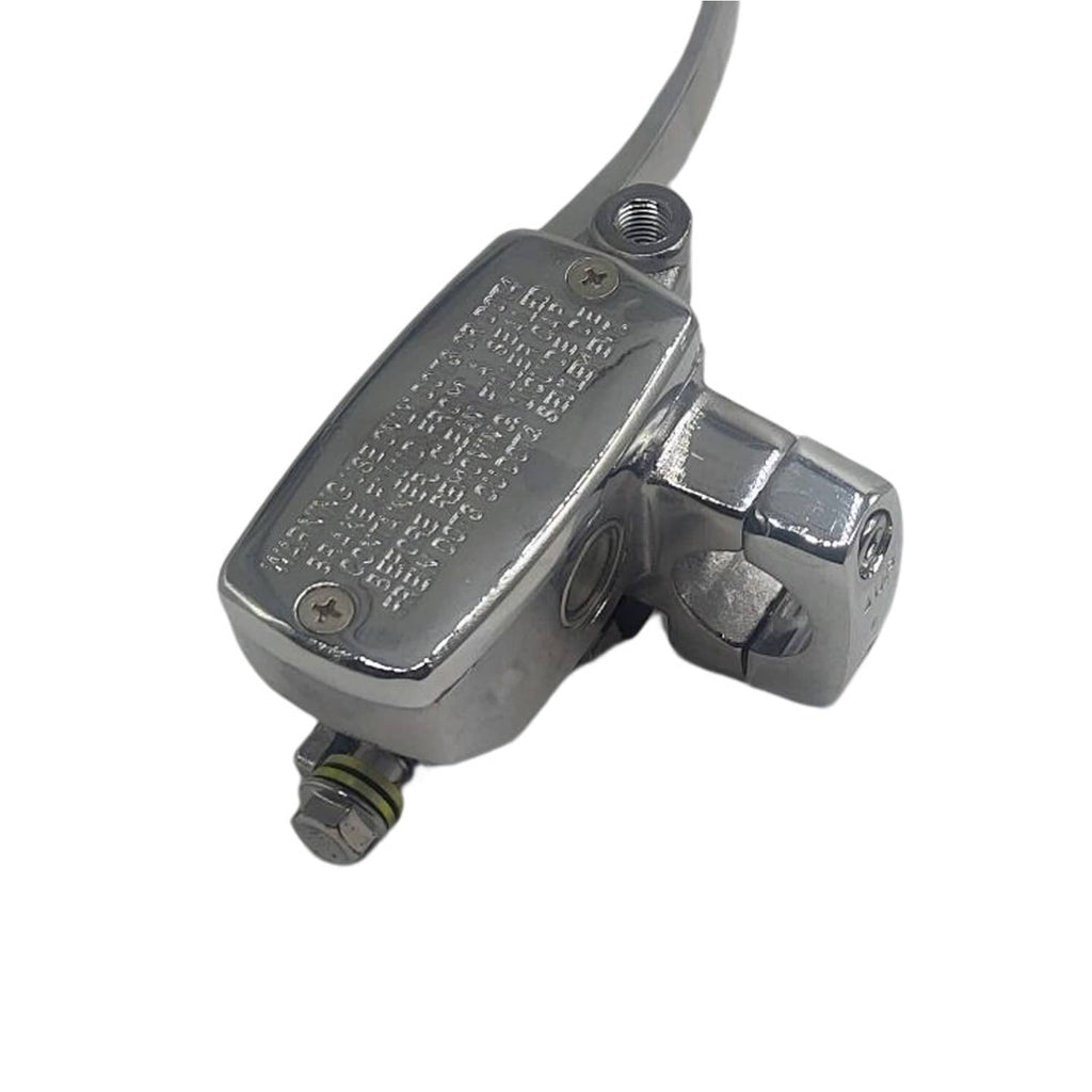 Chrome hydraulic brake master cylinder body with threaded inlet and lever lever mount
