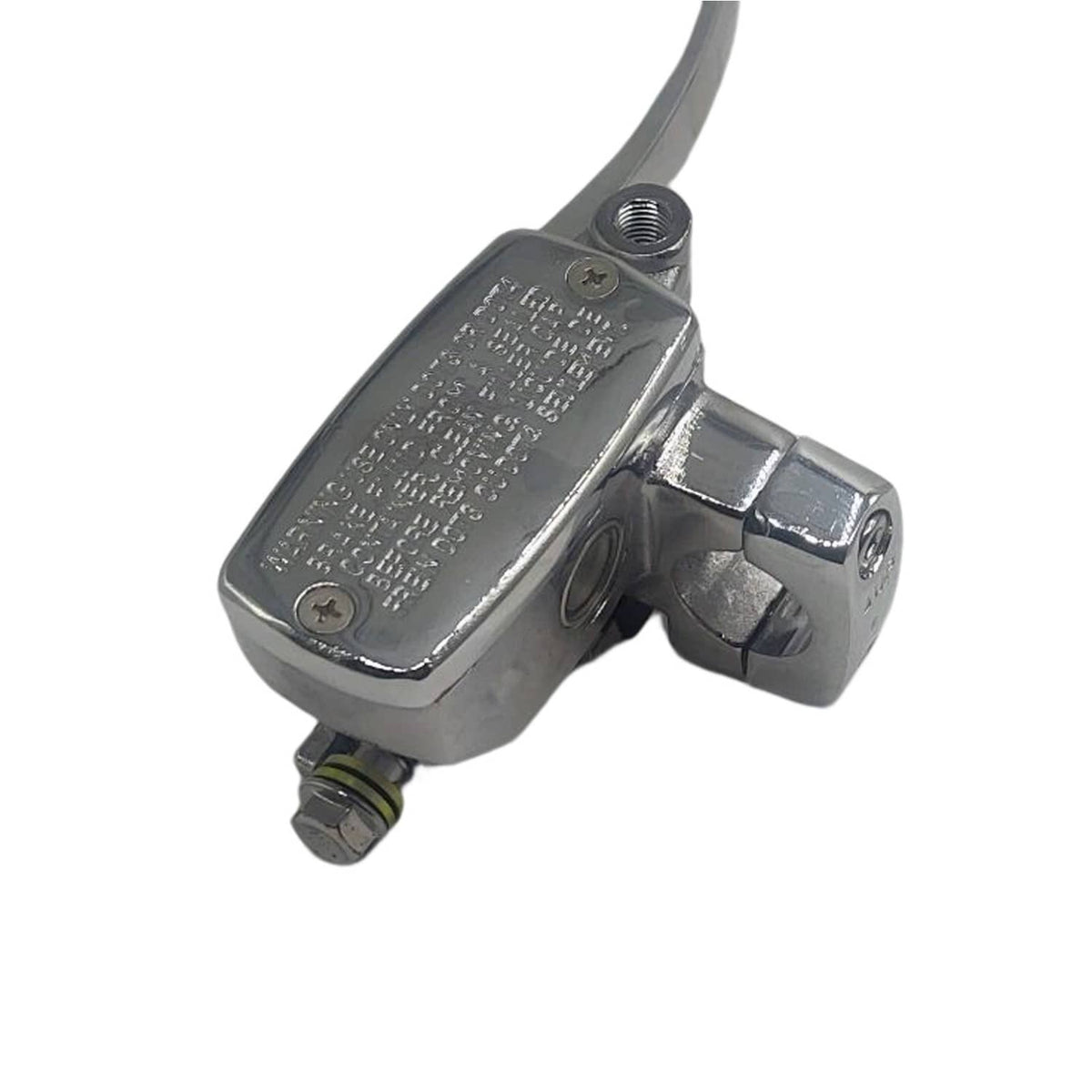 Chrome hydraulic brake master cylinder body with threaded inlet and lever lever mount