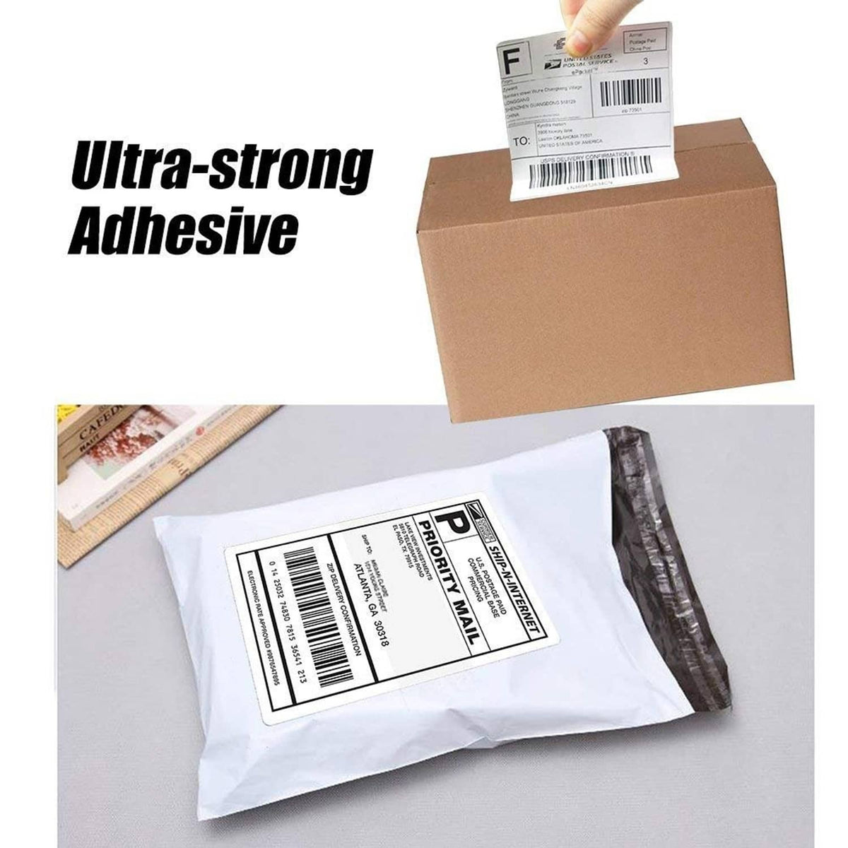 White direct thermal shipping label with barcode, adhesive-backed for packages