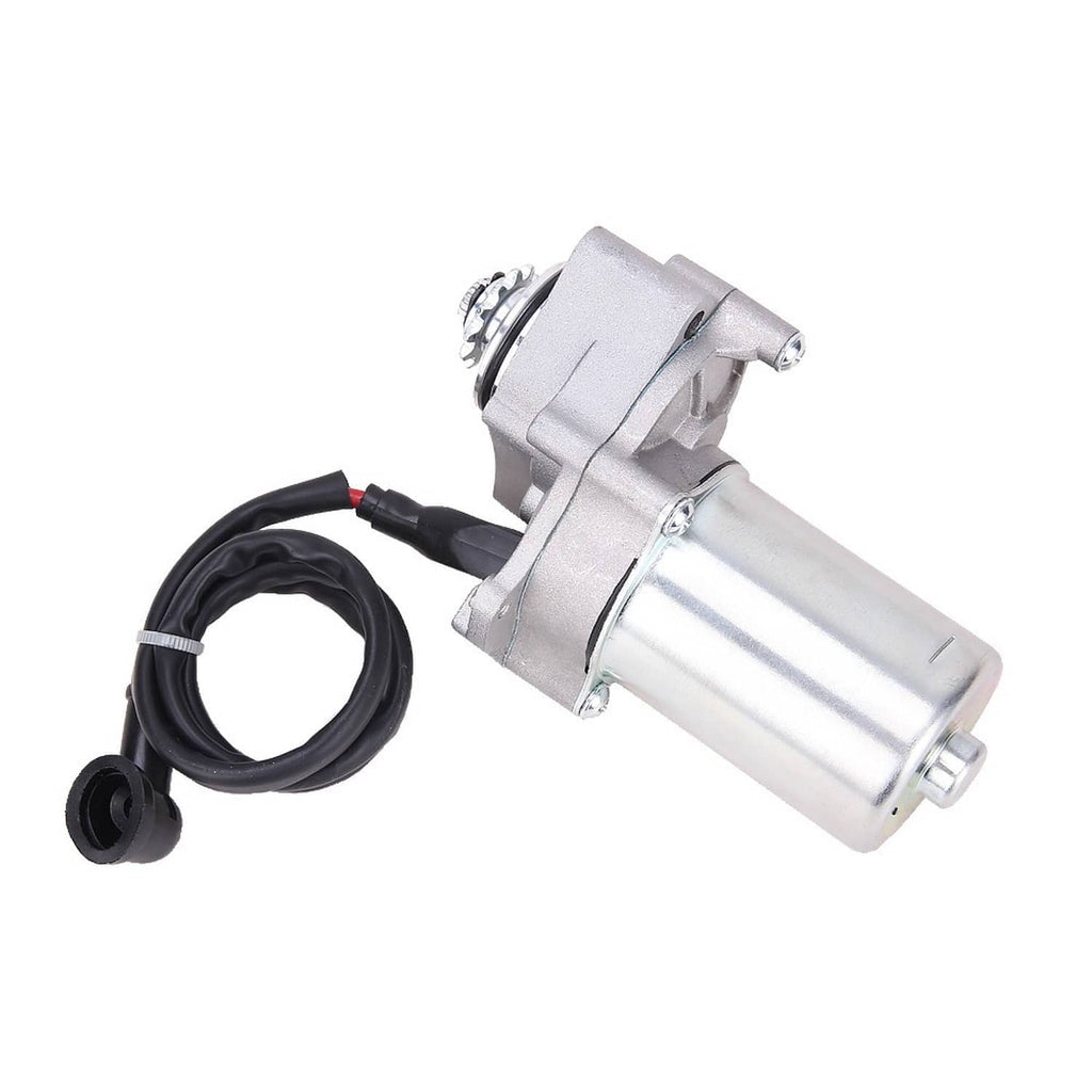 ATV starter motor with black cable and red wire leads, silver cylinder body