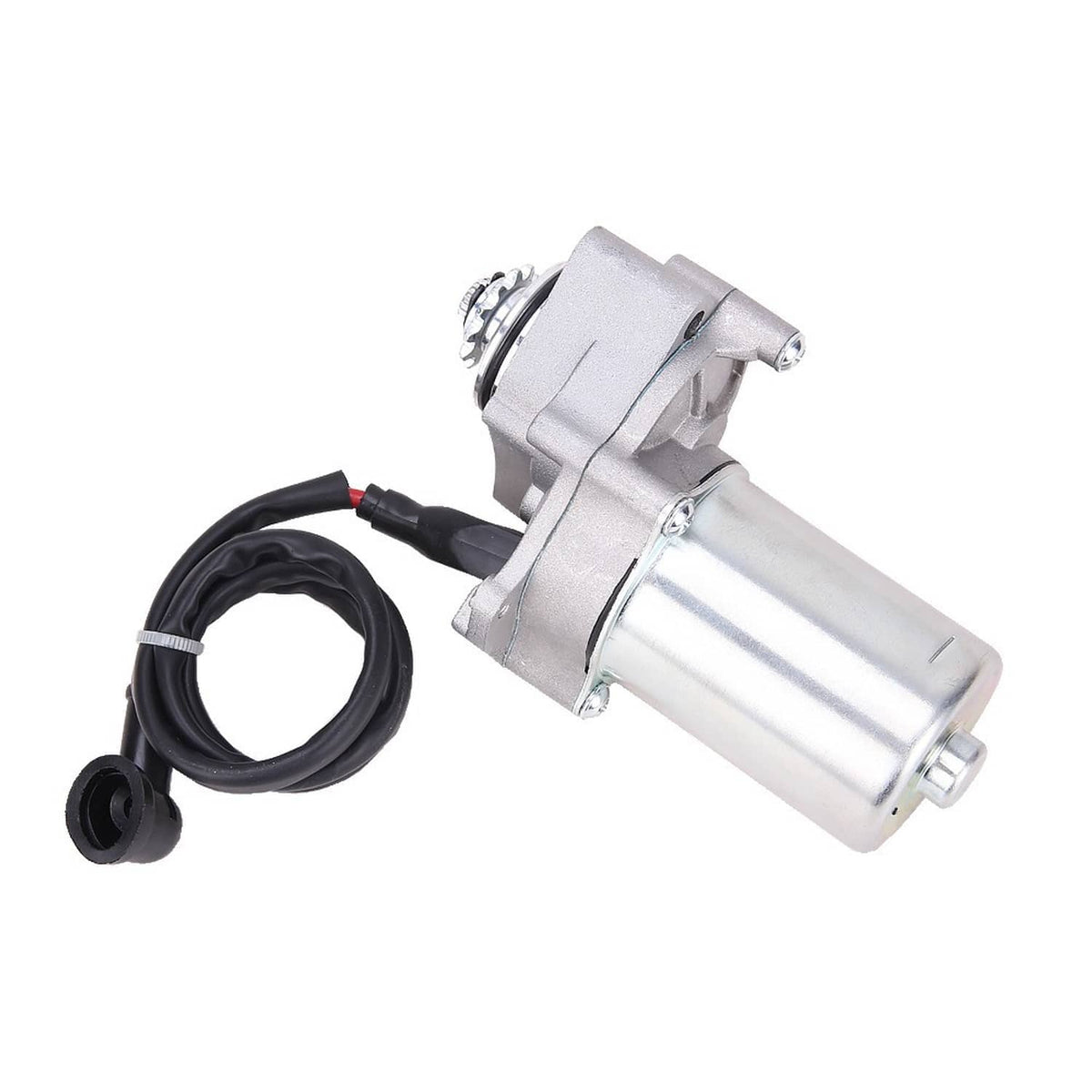 ATV starter motor with black cable and red wire leads, silver cylinder body