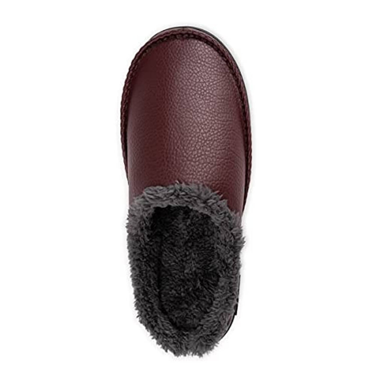 Faux leather clog with gray plush lining, rounded toe, burgundy-brown upper