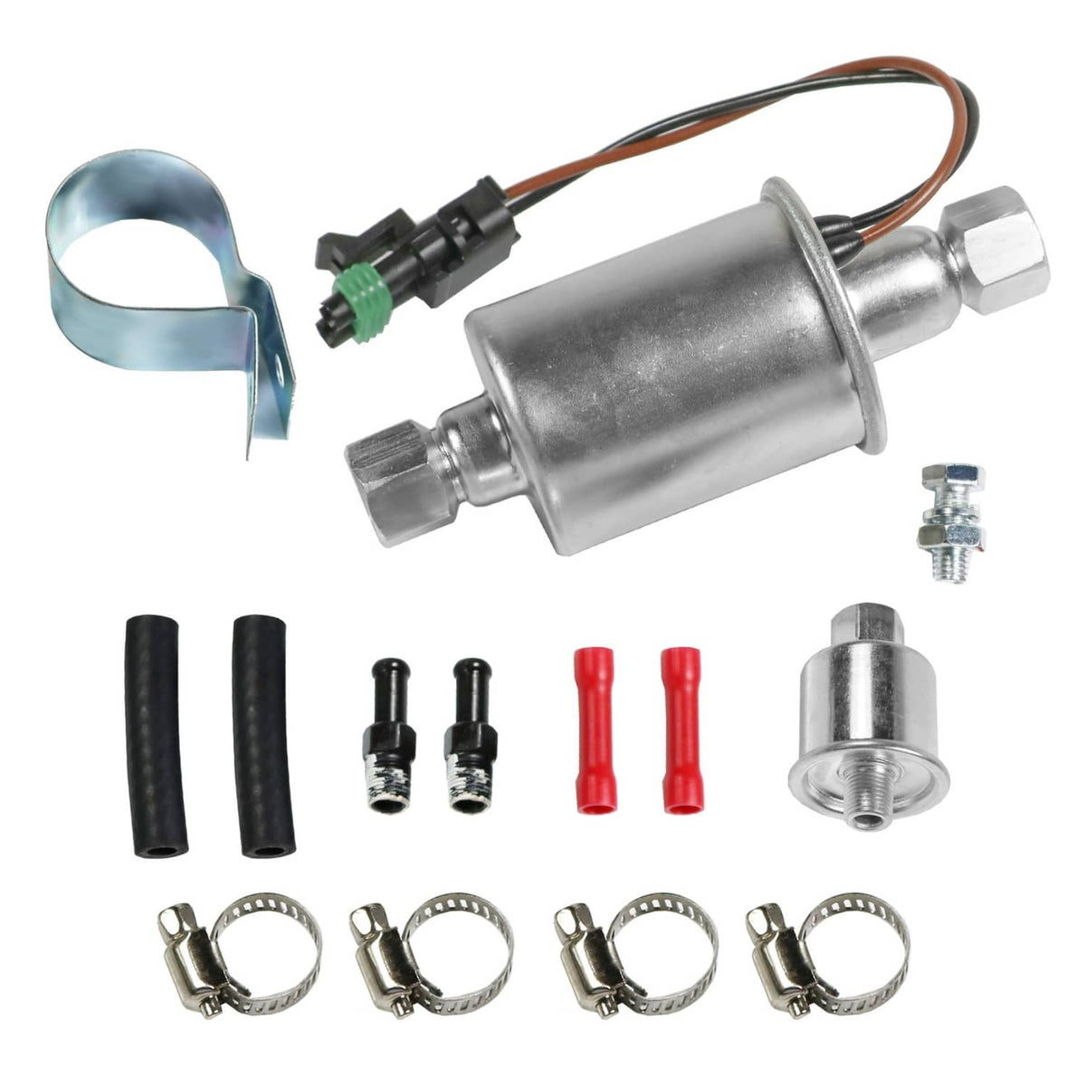 Diesel fuel lift pump kit with wiring harness, mounting hardware, and hose insulators