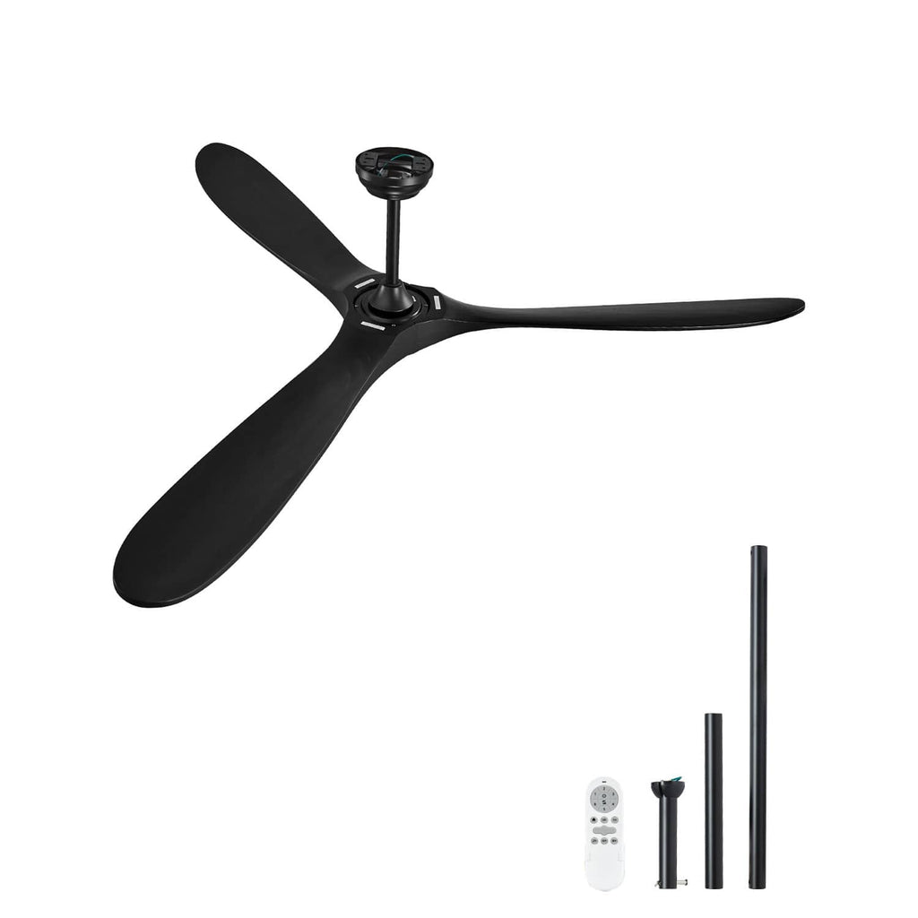 Black 3-blade ceiling fan with flush-mount canopy and slim downrod, no light