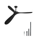 Black 3-blade ceiling fan with flush-mount canopy and slim downrod, no light