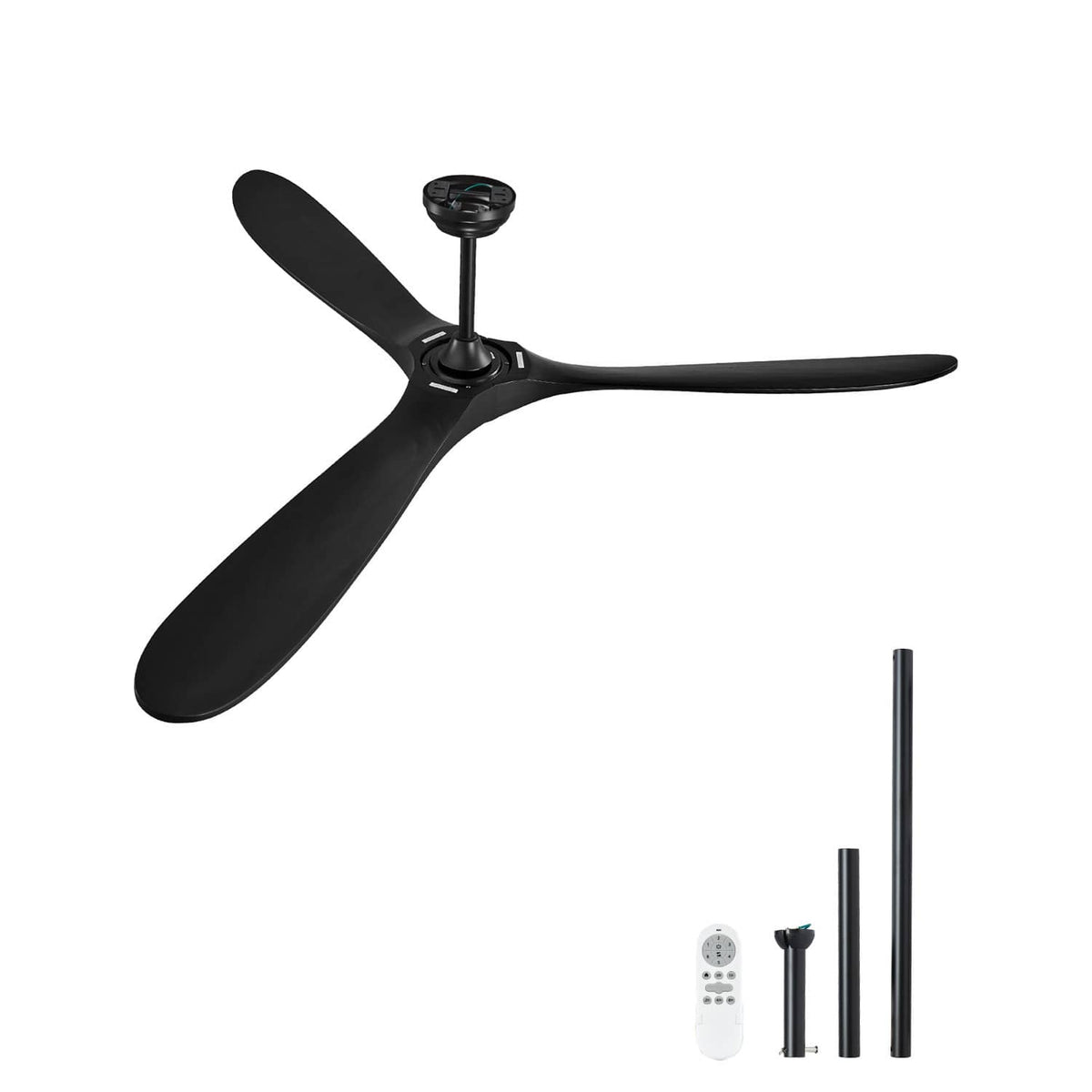 Black 3-blade ceiling fan with flush-mount canopy and slim downrod, no light