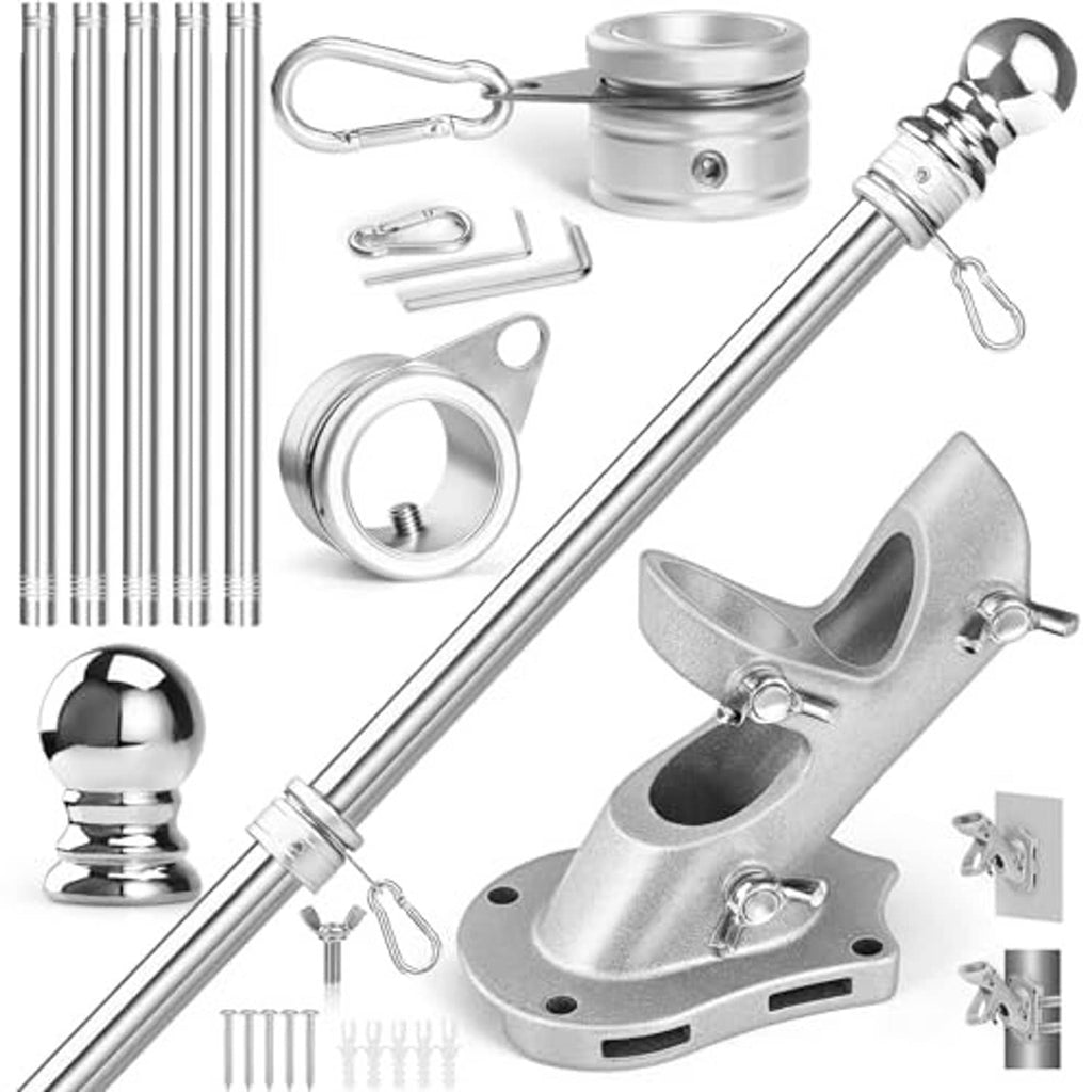 Stainless steel flag pole kit with pole sections, mounting base, rings, clips, finial ball