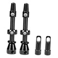 Black alloy tubeless Presta valve stems with caps and threaded shafts, two-pack view