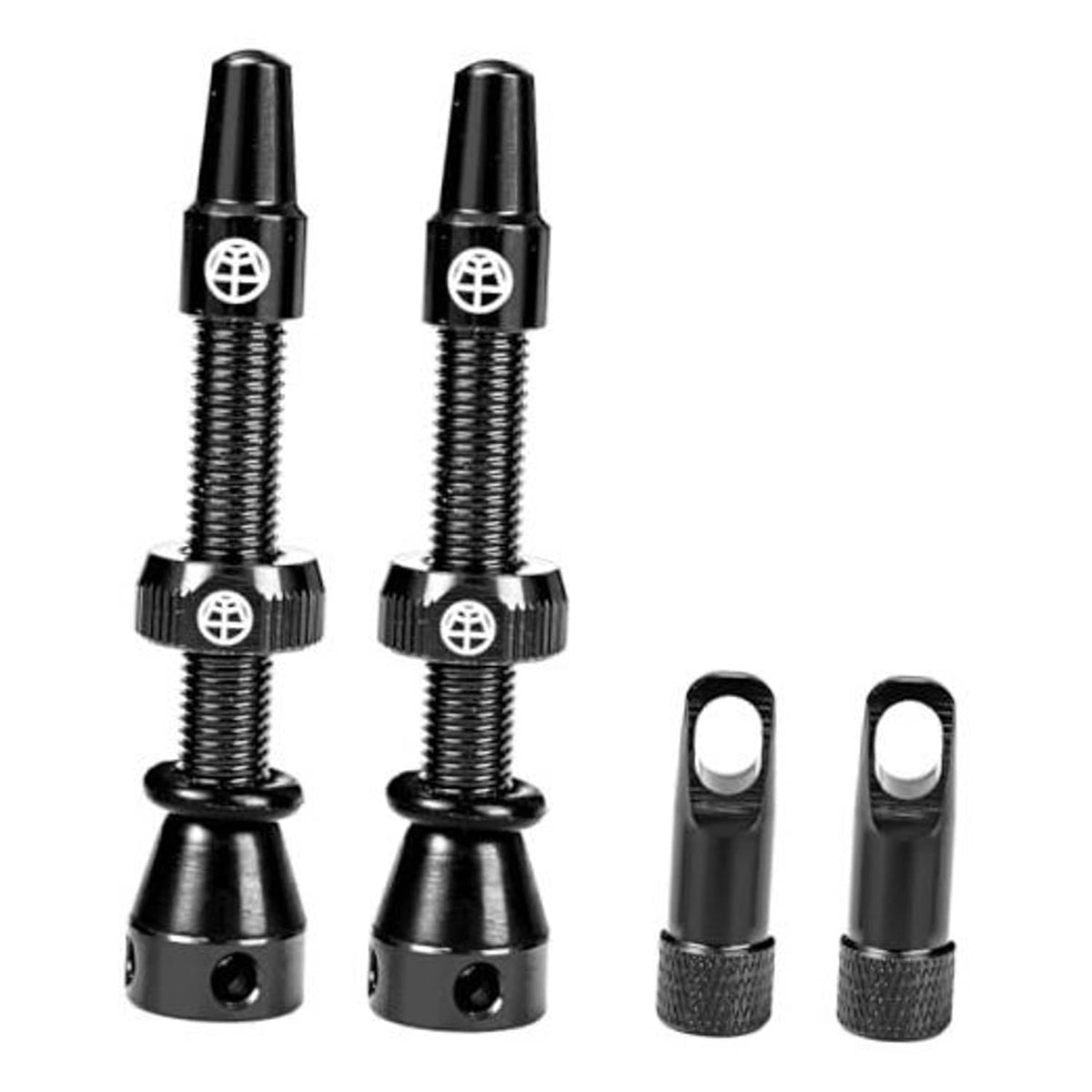 Black alloy tubeless Presta valve stems with caps and threaded shafts, two-pack view