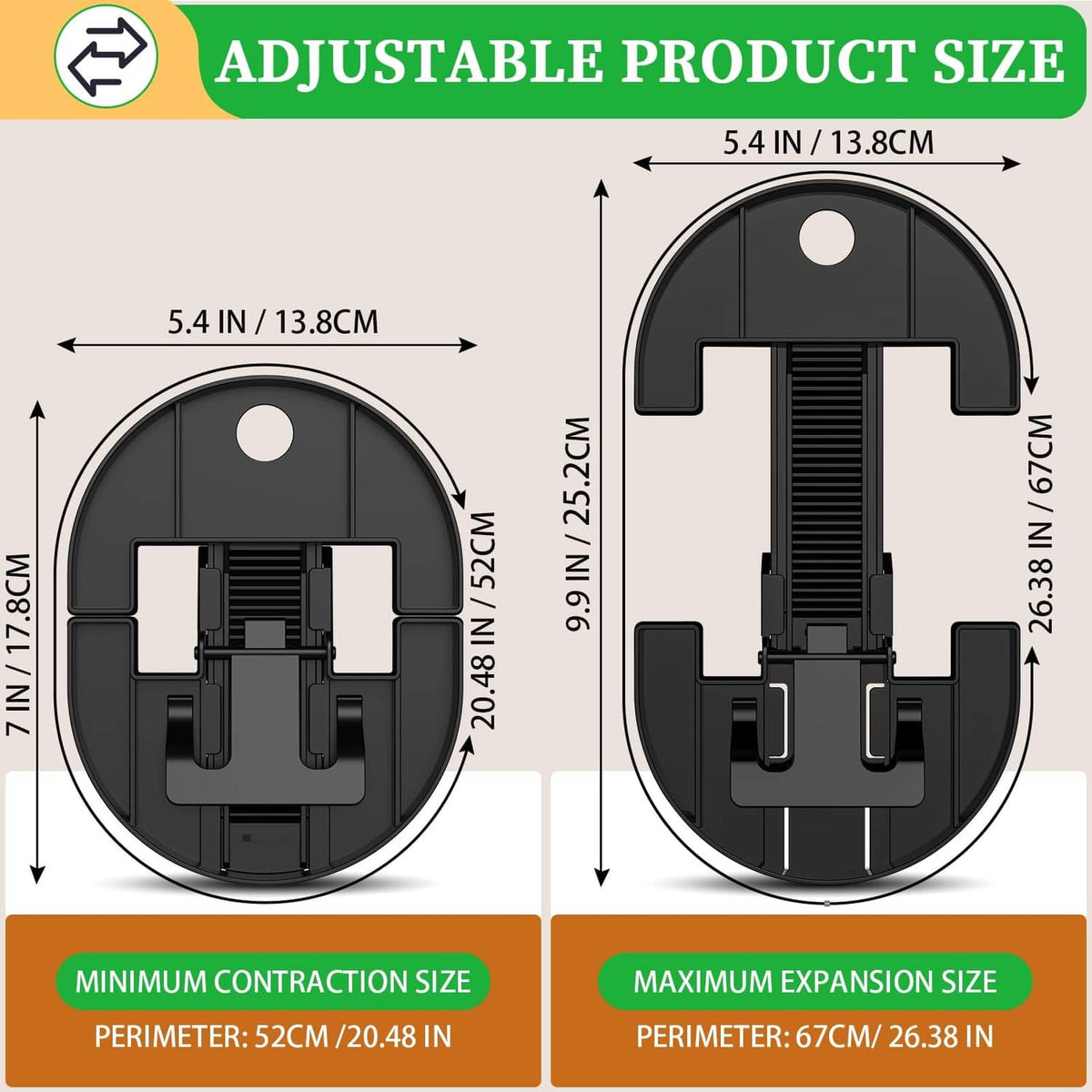 Black adjustable hat stretcher diagram with expansion sizes and measurement labels