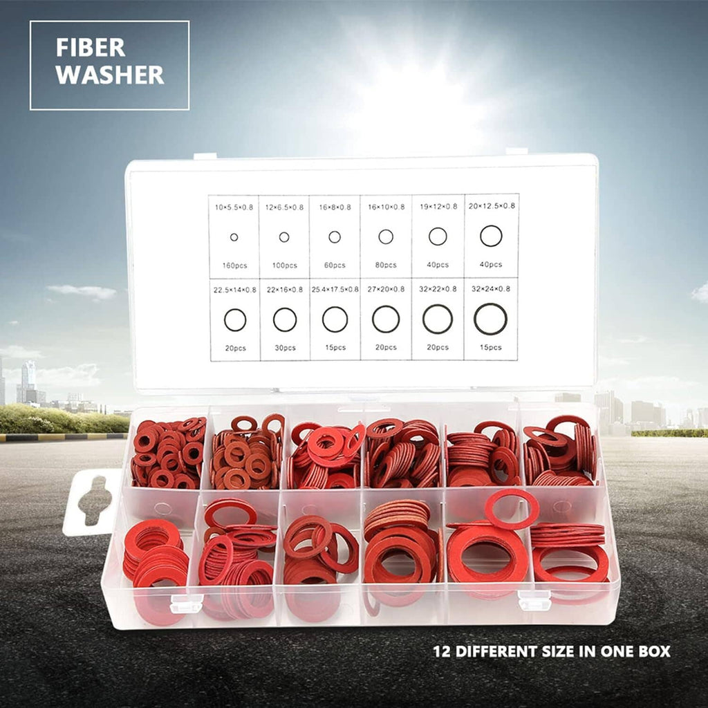Fiber washer set in clear box with assorted red ring washers and size chart