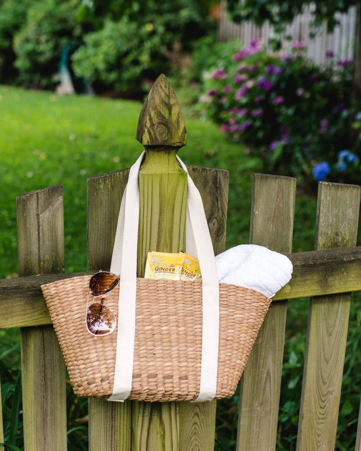 Ginger honey crystals sachet packet, standing upright outdoors in a gift display