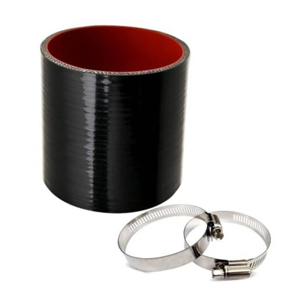 Black silicone hose coupler with red inner lining and two silver worm-drive clamps