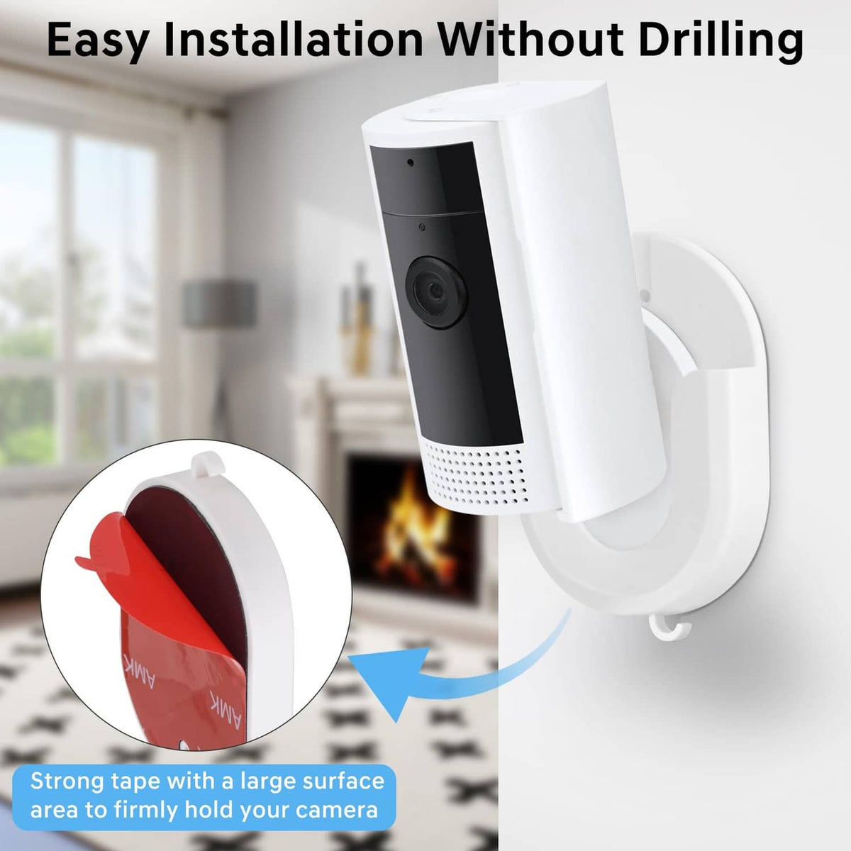 White indoor security camera mount with no-drill adhesive installation illustration