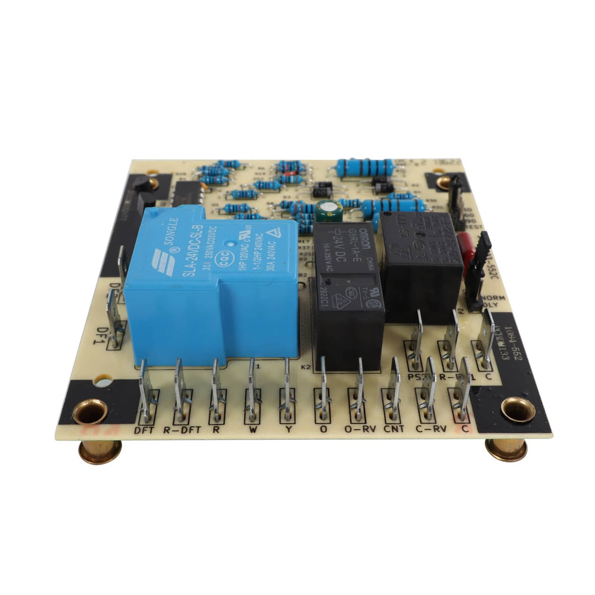 Heat pump control board with blue relay modules and multiple black IC chips