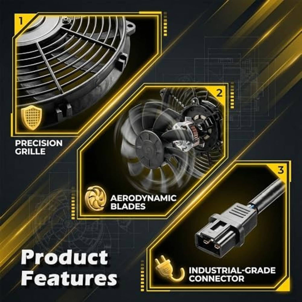 Radiator cooling fan closeup with aerodynamic blades and industrial-grade connector, black frame