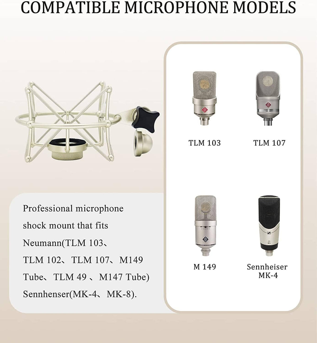 Silver metal microphone shockmount with pictured compatible condenser microphones