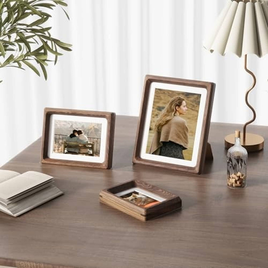 Pair of natural walnut picture frames with white mats, portrait and landscape