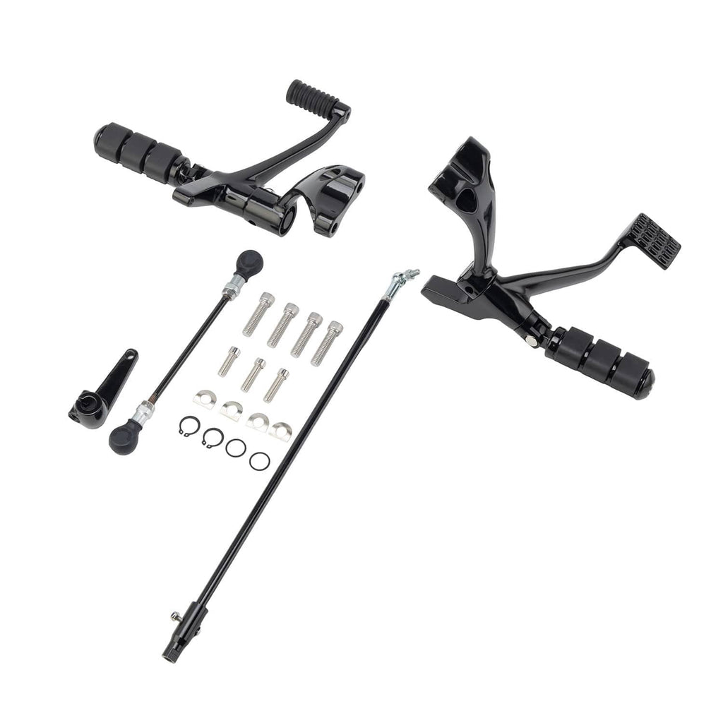 Black forward control peg set with levers, pushrod rods, and small mounting hardware