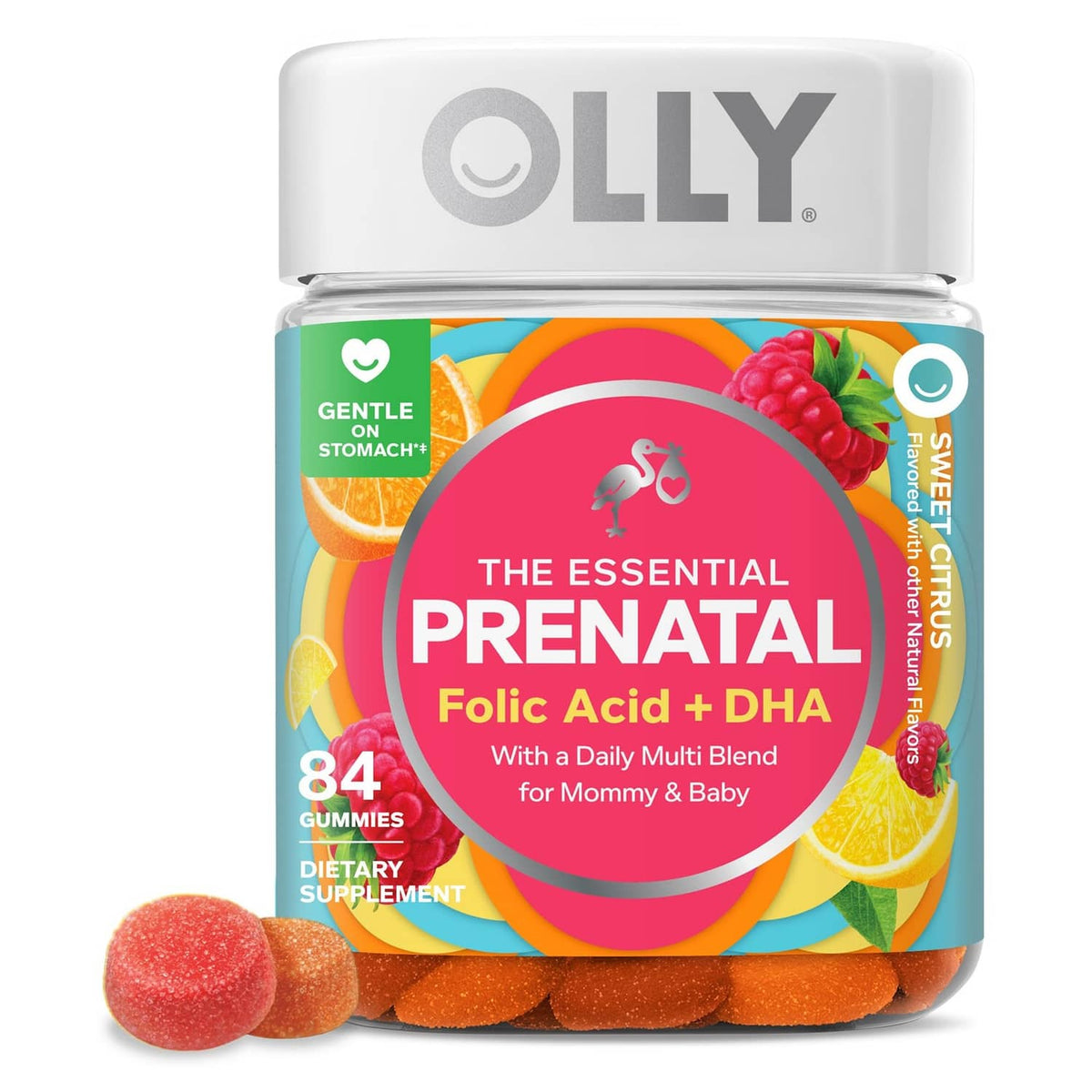 Prenatal multivitamin gummy bottle with colorful label and 84 orange gummies