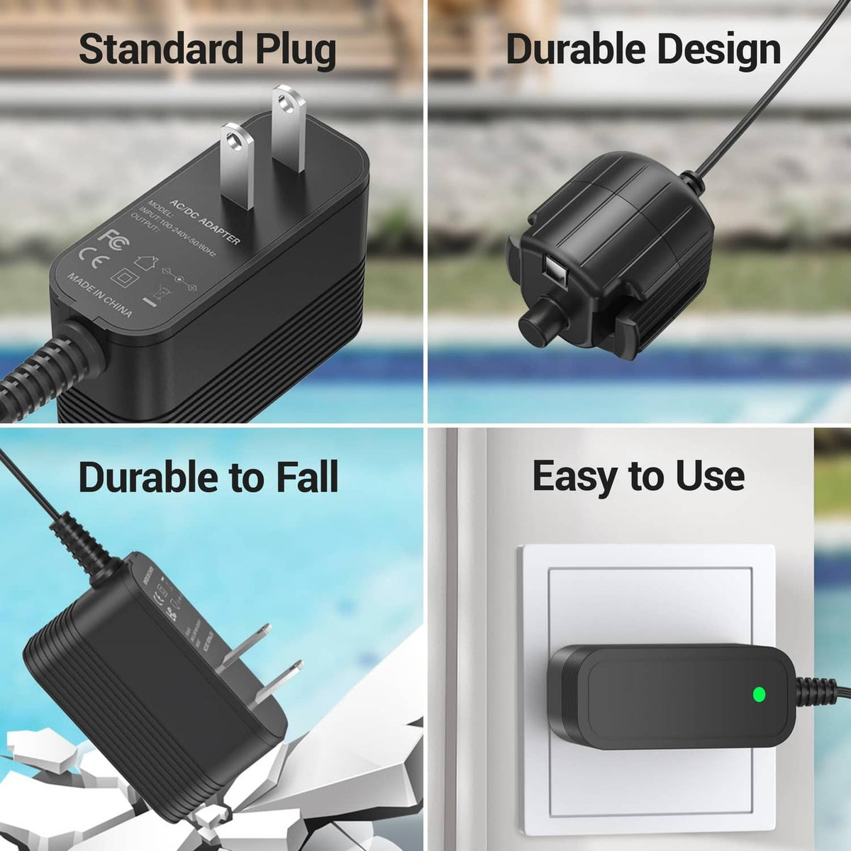 Black AC power adapter with two-prong plug and attached power cord