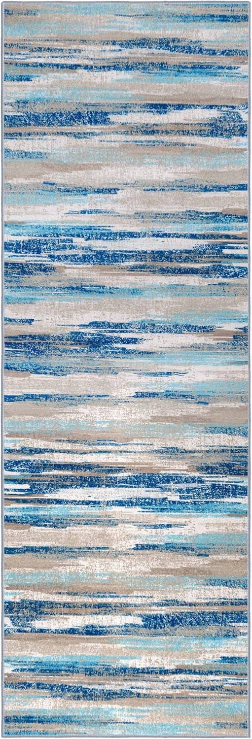 Blue abstract runner rug with horizontal striped brush-stroke pattern