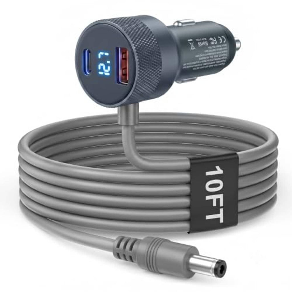 Car DC charger adapter with dual ports, grey coiled cable, and LED power display