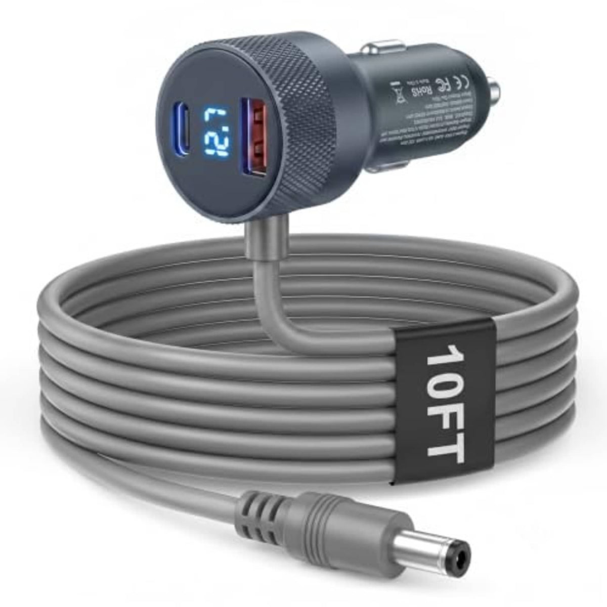 Car DC charger adapter with dual ports, grey coiled cable, and LED power display