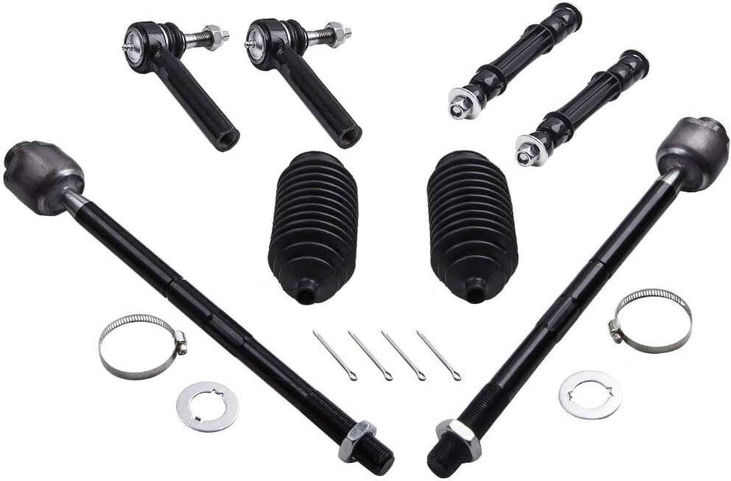 Front control arm kit components with black rods, bushings, boots, and metal hardware rings