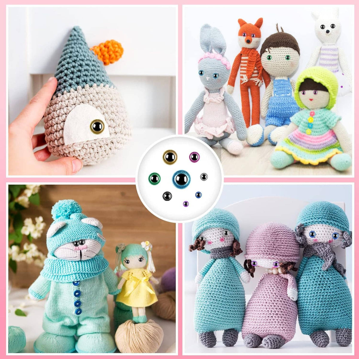 Plush amigurumi figures wearing glitter safety eyes in blue, pink, purple, and gray
