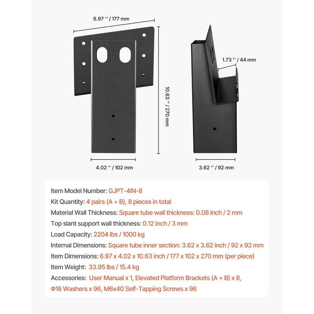Black steel compound angle platform bracket front and side views with measurements